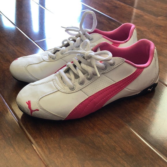 pink and white puma shoes